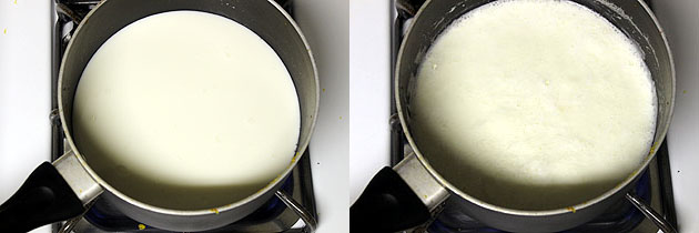 Collage of 2 images showing simmering milk.