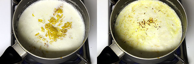 Collage of 2 images showing adding pumpkin and saffron.