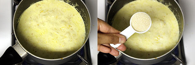 Collage of 2 images showing simmering kheer and adding sugar.