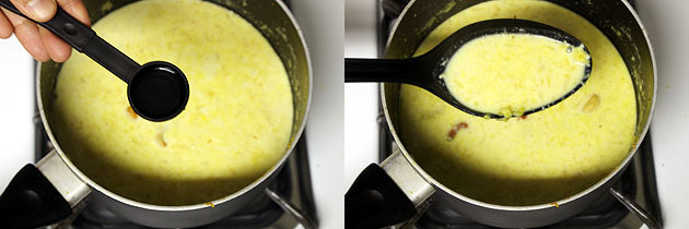 Collage of 2 images showing adding rose water and taking ladleful of kheer.