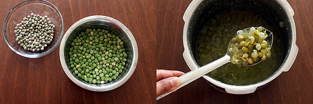 Collage of 2 images showing raw vatana and soaked vatana and cooked in pressure cooker.