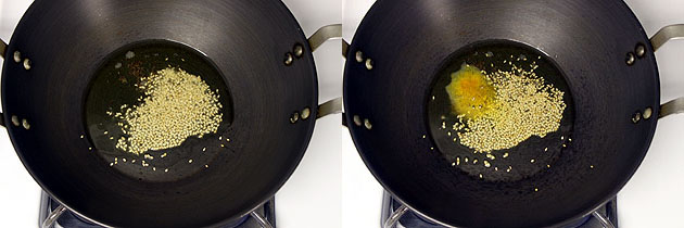 Collage of 2 images showing tempering of mustard seeds and sesame seeds, adding turmeric.