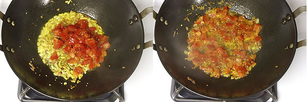 Collage of 2 images showing adding and cooking tomato.