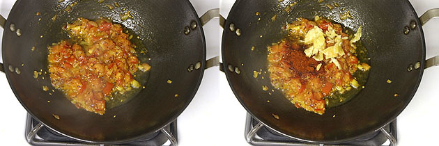 Collage of 2 images showing cooked tomato and adding jagegery and chili powder.