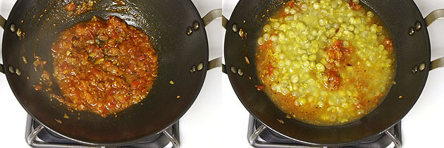 Collage of 2 images showing adding boiled vatana.