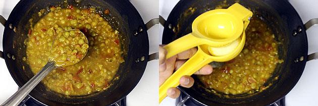 Collage of 2 images showing texture of ragda using spoon and squeezing fresh lemon juice.