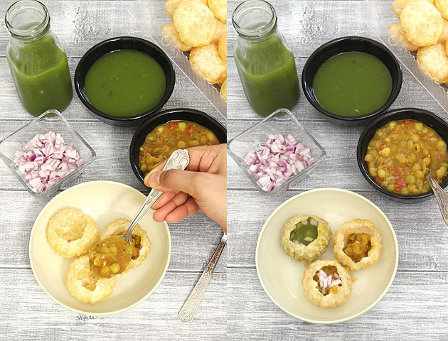 Filling the puri with ragda, pani and sprinkling onion on top.