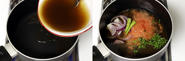 Collage of 2 images showing adding tamarind water, tomato purri, green chili, onion, cilantro in a pan.