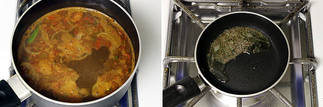 Collage of 2 images showing simmering rasam and making tempering of mustard seeds.