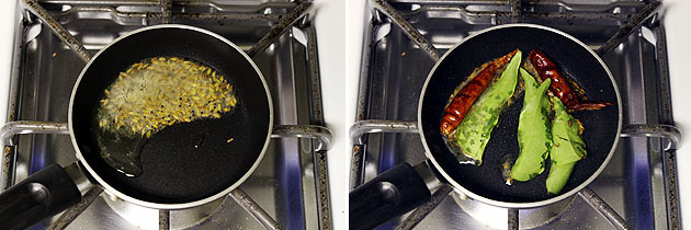 Collage of 2 images showing adding cumin seeds, curry leaves and dried chili in the tempering.