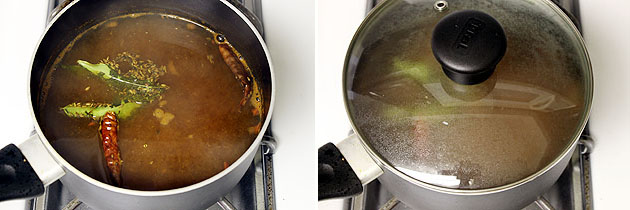 Collage of 2 images showing adding tempering to the rasam and pan is covered.