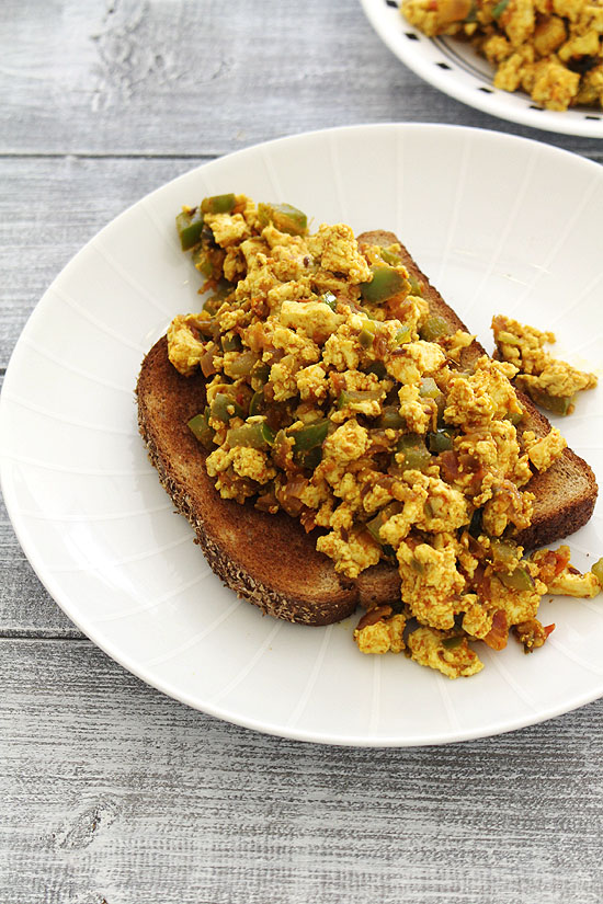 Tofu bhurji served on top of toasted bread.