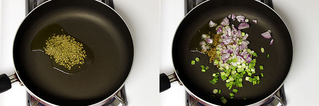 Collage of 2 images showing tempering if cumin seeds and adding onion, peppers.