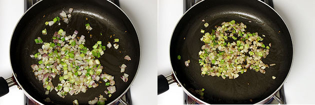 Collage of 2 images showing mixing and cooking onion, peppers.