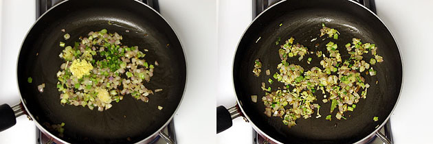 Collage of 2 images showing adding and sauteing ginger, garlic and green chili.