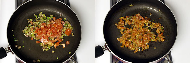 Collage of 2 images showing adding and cooking tomatoes.