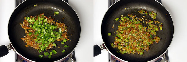 Collage of 2 images showing adding and cooking peppers.
