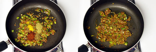 Collage of 2 images showing adding and mixing spice powders.