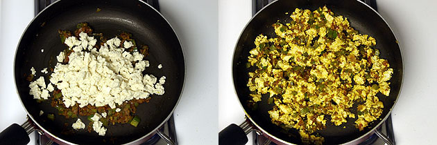 Collage of 2 images showing adding and mixing crumbled tofu.