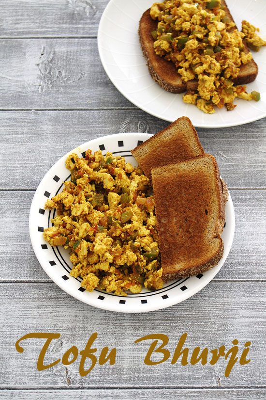 Tofu bhurji served in a plate with toasted bread and bhurji is added on the toast in the back plate.