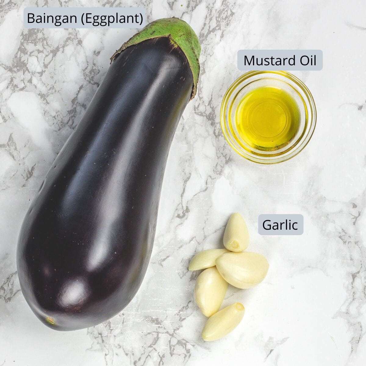 Roasting eggplant ingredients with labels.