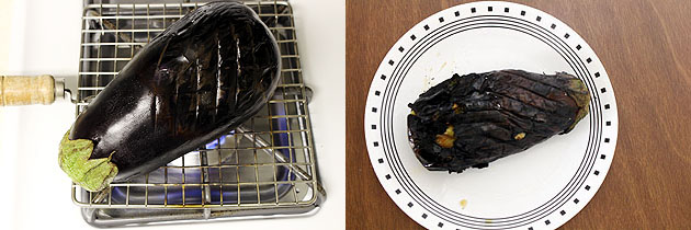 Collage of 2 images showing turning around while roasting and roasted eggplant in a plate.