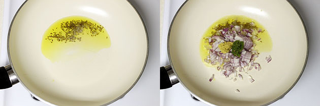 Collage of 2 images showing tempering of cumin seeds and adding onion.