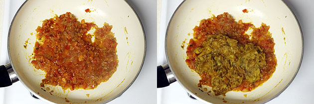 Collage of 2 images showing cooked tomatoes and adding spiced, mashed eggplant.