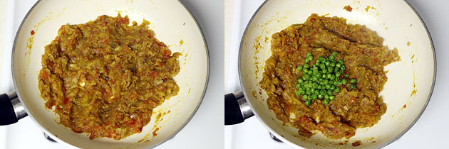 Collage of 2 images showing adding boiled peas.