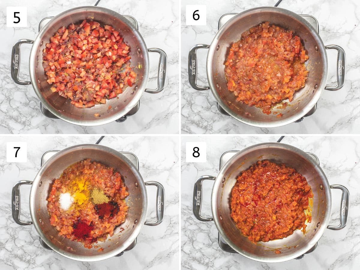 Collage of 4 images showing cooking tomatoes and mixing spice powders.