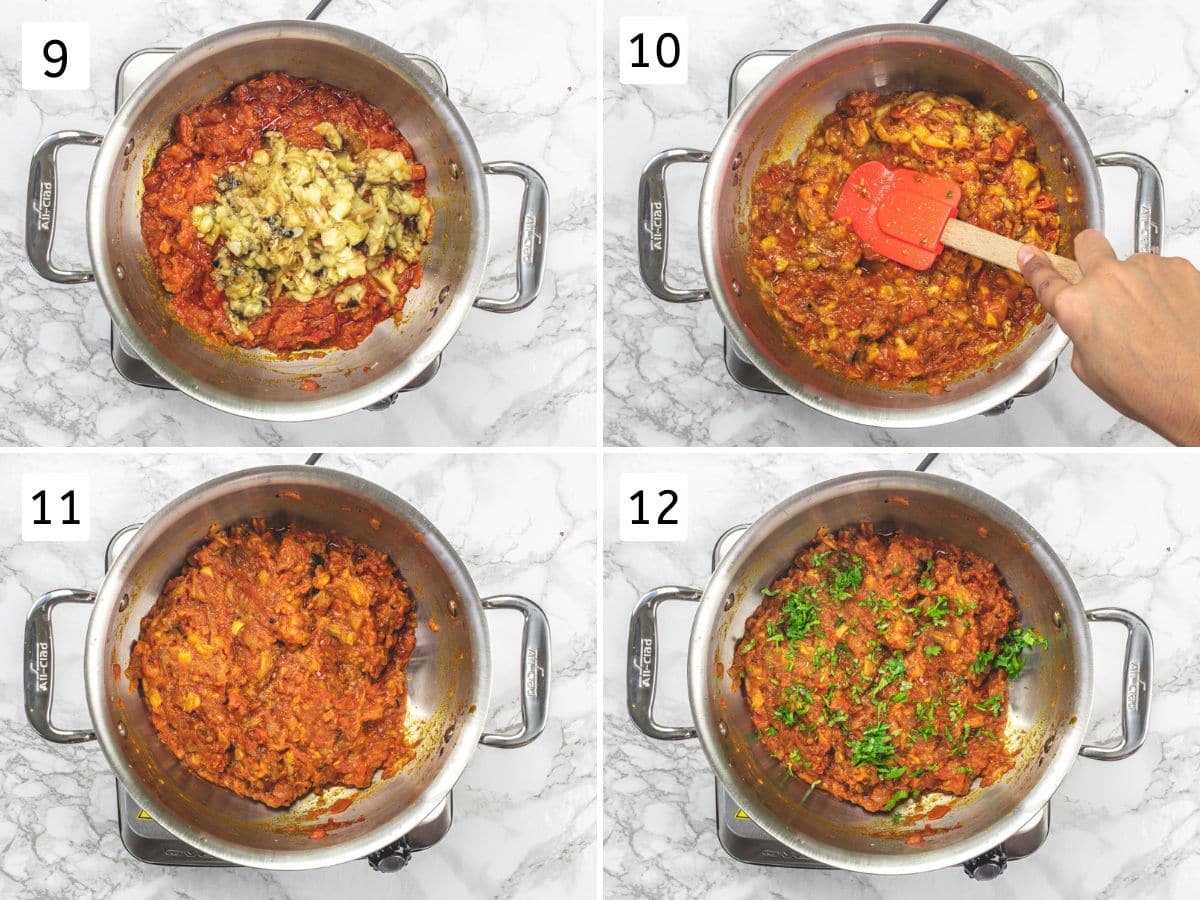 Collage of 4 images showing adding mashed eggplant and cooking, garnishing with cilantro.