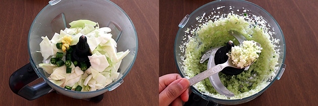 Collage of 2 images showing cabbage, ginger and chili in a food processor and crushed.
