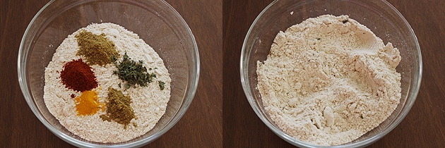 Collage of 2 images showing spices in the flour and mixed.