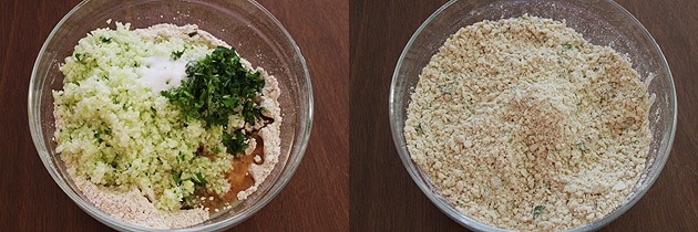 Collage of 2 images showing adding crushed cabbage and cilantro to the flour and mixed.