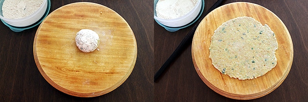 Collage of 2 images showing dusted dough ball and rolled paratha.