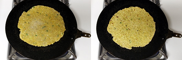 Collage of 2 images showing cooking paratha on the tawa.