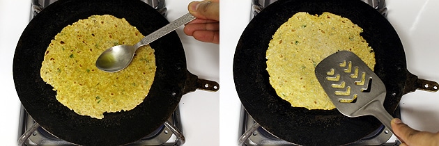 Collage of 2 images showing applying oil and cooking by pressing with spatula.