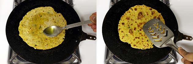 Collage of 2 images showing cooking another side of paratha.