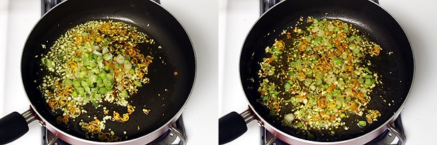 Collage of 2 images showing adding and cooking spring onions.