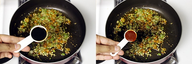 Collage of 2 images showing adding soy sauce and chili sauce.