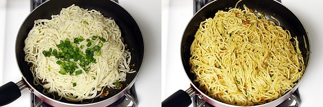 Collage of 2 images showing adding boiled noodles and spring onion greens and mixed.