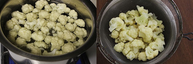 Collage of 2 images showing cauliflower florets in boiling water and drained.