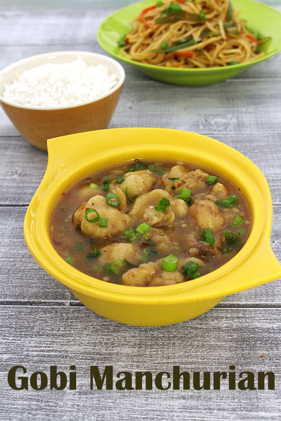 Gobi manchurian gravy served with rice and hakka noodles.