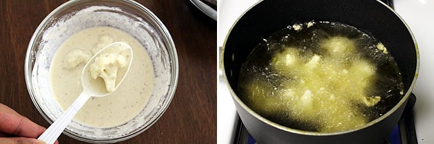 Collage of 2 images showing coating floret with batter and frying.