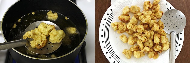 Collage of 2 images showing fried florets removed to a plate.