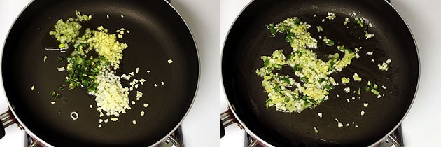 Collage of 2 images showing sauteing ginger, garlic, green chili, celery.