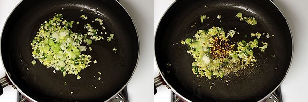 Collage of 2 images showing cooking spring onions, adding salt, pepper and chili flakes.
