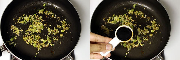 Collage of 2 images showing adding soy sauce.