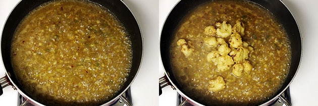 Collage of 2 images showing simmering gravy and adding florets.