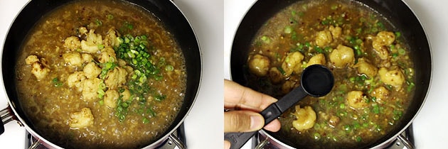 Collage of 2 images showing adding spring onion greens and vinegar.